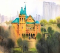 Sarfraz Musawir, Frere Hall Karachi, 20 x 22 Inch, Watercolor on Paper, Cityscape Painting, AC-SAR-159